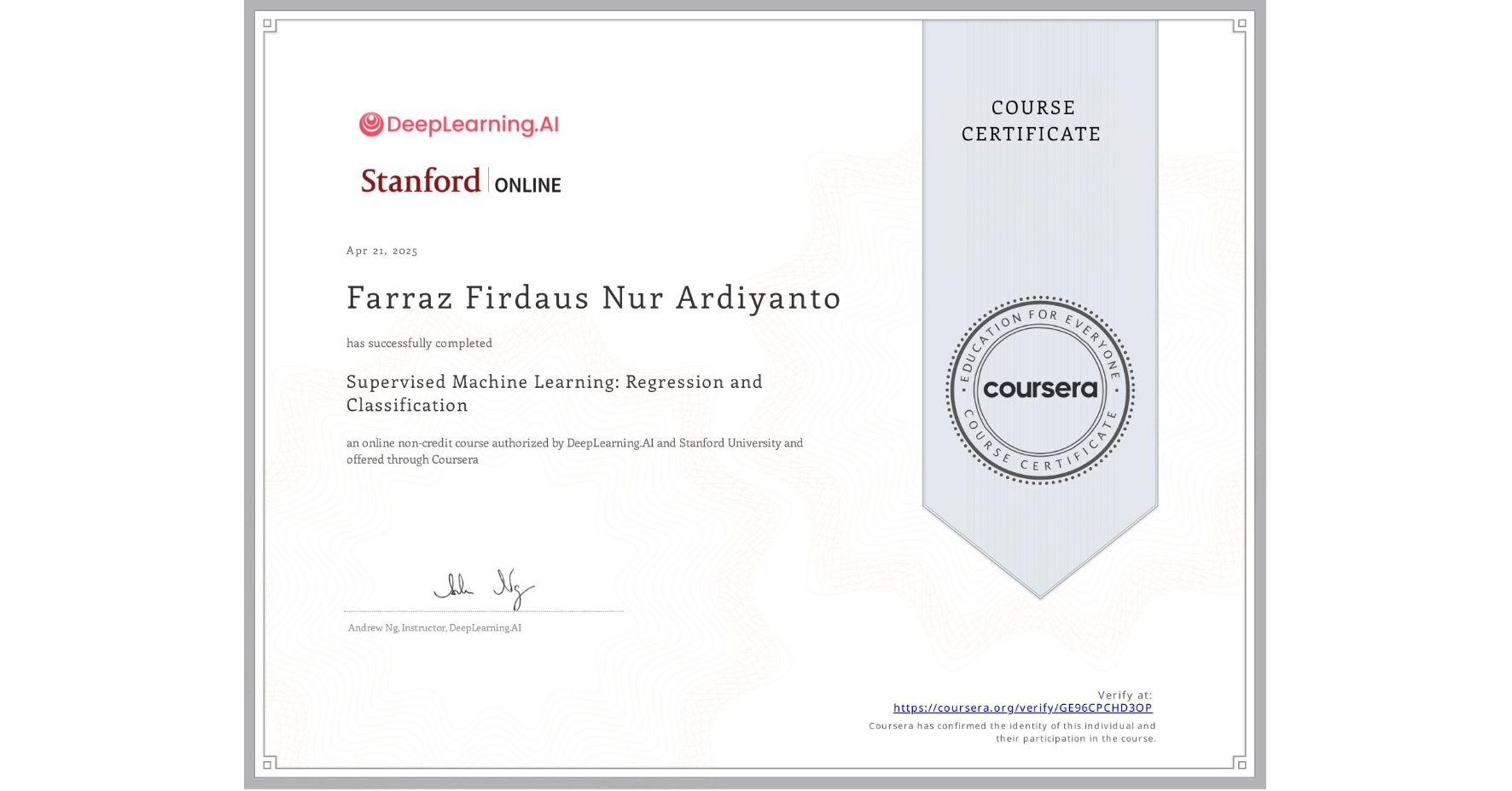 Stanford Machine Learning Certificate